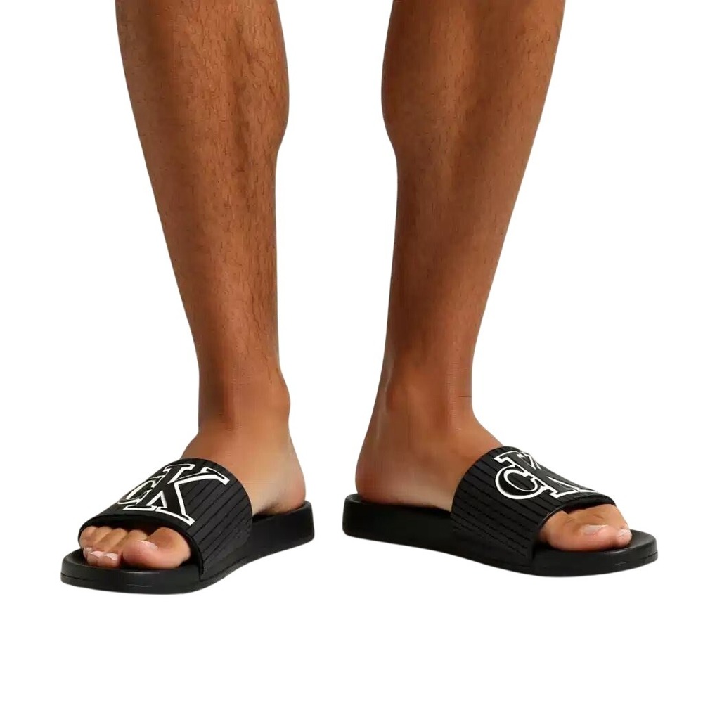 Calvin Klein Malonzo-C Ribbed Mens Black CK Logo Slide Sandals Size 9 NWOT